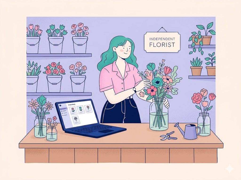 A florist arranging flowers at her counter with her laptop open beside her